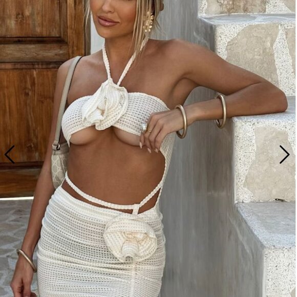 PLT Cream Texture Halter Cut Out Flower Dress, 0 - Picture 5 of 7